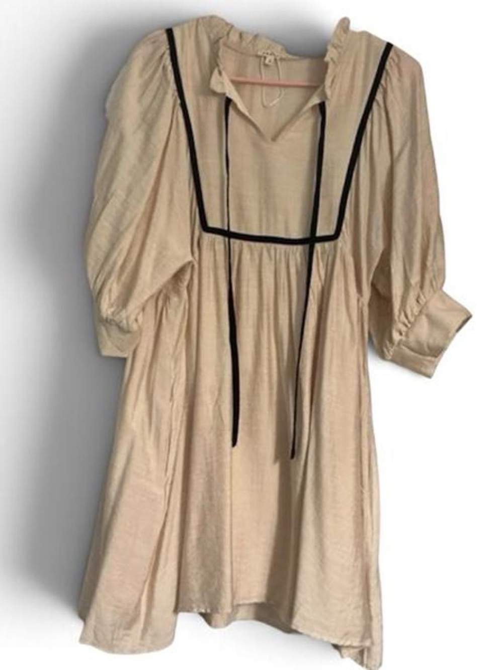 Jodifl Beige Puff Sleeve Smock Dress with Black Trim & Ties S Cottagecore